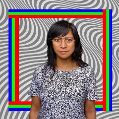 Maria Dumlao, a Filipino woman with shoulder length black hair, eyebrow length bangs, and eyeglasses, in front of a digitally rendered decorative background.