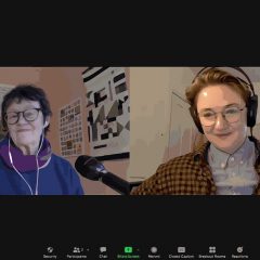 Stylized screenshot of Roberta Fallon and Morgan Nitz sitting in rooms with a microphone while they chat and record an episode of Artblog Radio.