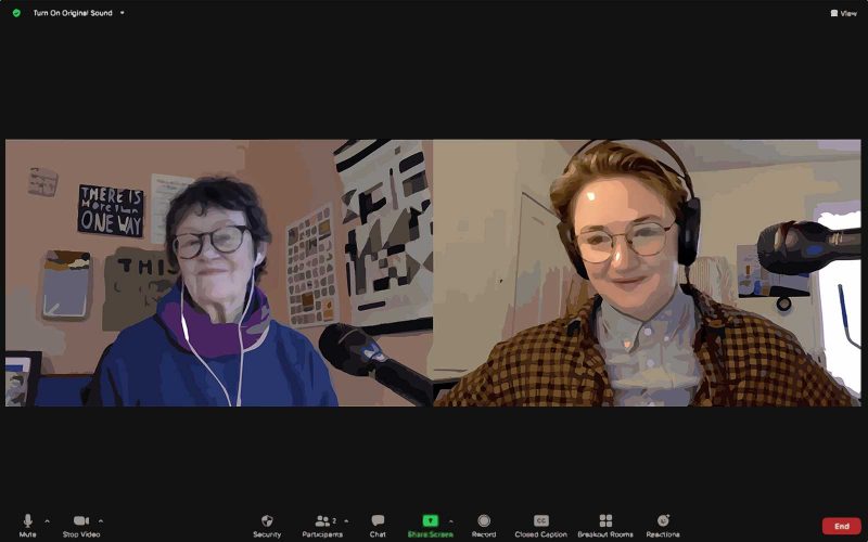 Stylized screenshot of Roberta Fallon and Morgan Nitz sitting in rooms with a microphone while they chat and record an episode of Artblog Radio.
