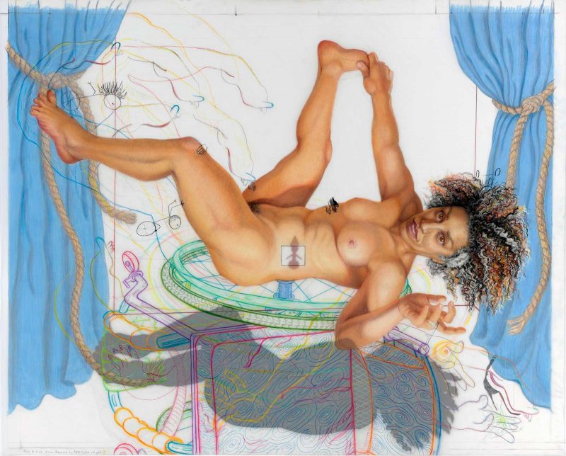 A mixed media portrait of Alice Sheppard by Riva and Alice. Alice is a Black woman with brown eyes and textured red, gray, and black curly hair. She is nude, lying on her back, holding her right foot with her right hand, and looking directly at the viewer against a mostly white backdrop. Alice is drawn in full color while her wheelchair, also on its side, is sketched underneath her with colorful contour lines. A dark silhouette, posed in a curled position, is collaged behind the wheelchair drawing. Another shadow of a small dancing figure is placed in a square on Alice’s abdomen. Behind her is a series of colorful gestural lines that depict her hands and feet in motion. Blue curtains are tied back with rope on either side of the image.