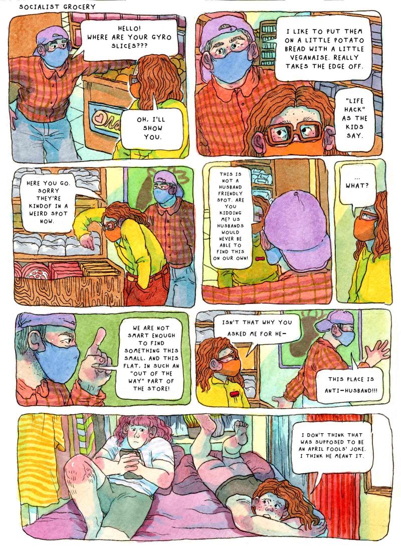 8 panel from the Artblog series "Socialist Grocery" depicting an exchange between a customer and the comic's main character, Sebastian.