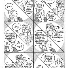 Alt text: 6 panel comic from the Artblog comic series "The 3:00 Book" depicting a mother and daughter talking on the phone. The mom is telling the daughter about how Joe Biden's wife isn't from Philly, she's from Wilow Grove, resulting in an argument about who can claim they're from Philly and who can't, including minor discrepancies in accents if you're from Philly or Delco.