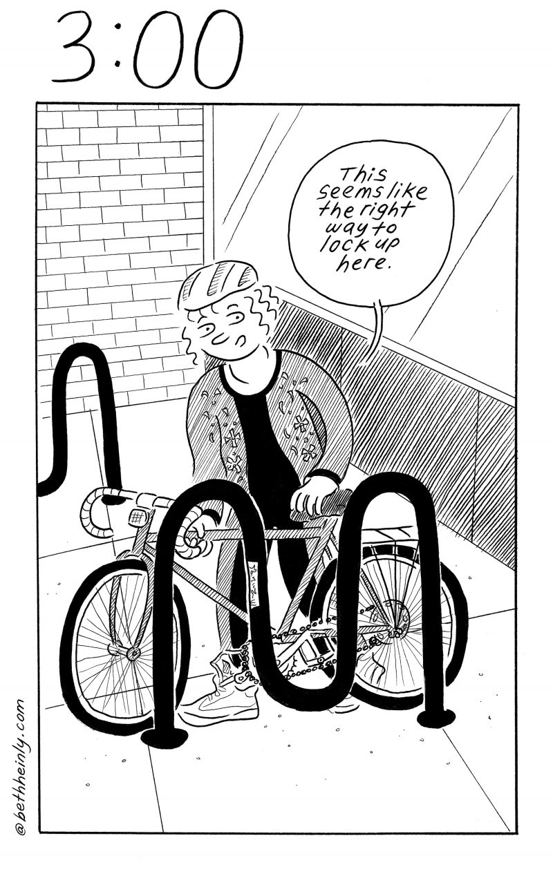 One panel comic. Title is 3:00, or 3 o”clock. A woman prepares to lock her bike to a city bike stand.