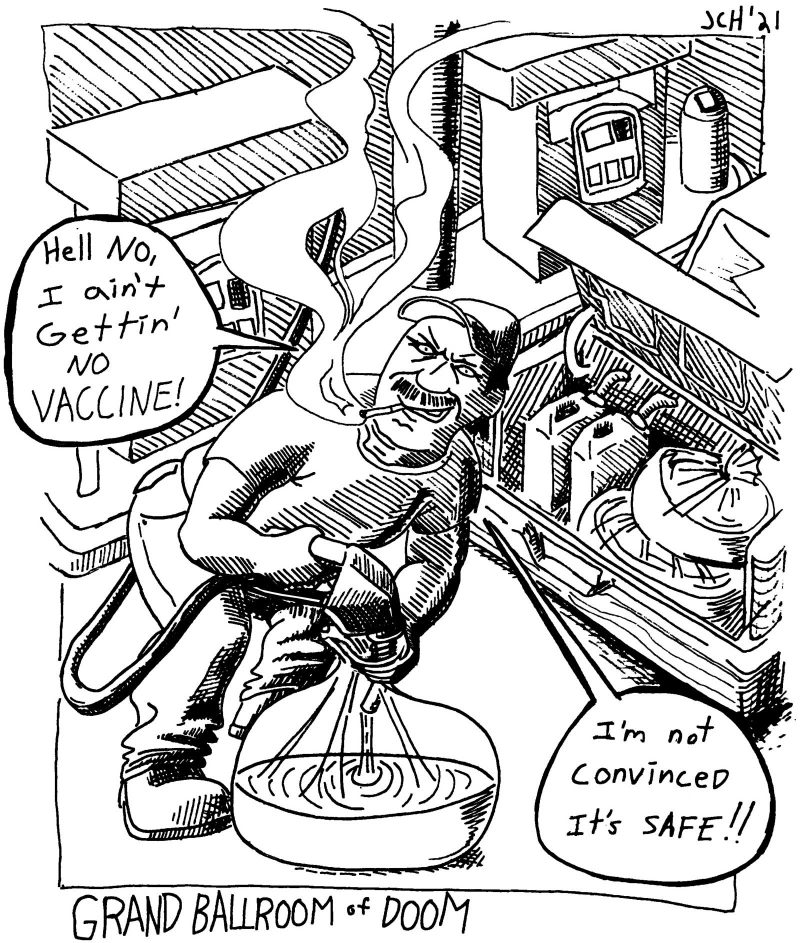 One panel comic from the Artblog series "Grand Ballroom of Doom" by Jacob c Hammes, depicting a man filling trash bags of gas, while smoking, and denouncing the Covid-19 vaccine for being unsafe.