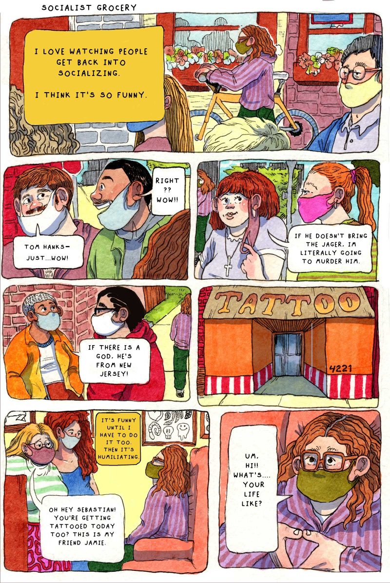 7 panel comic from the Artblog series "Socialist Grocery" in which Sebastian adjusts to life while the city's Covid-19 restrictions are beginning to ease.