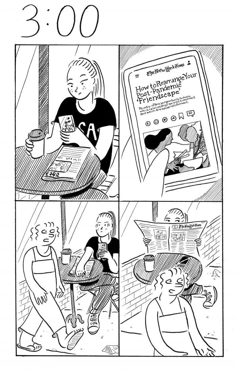 Four-panel, black-and-white comic shows woman in a coffee shop hiding from someone.