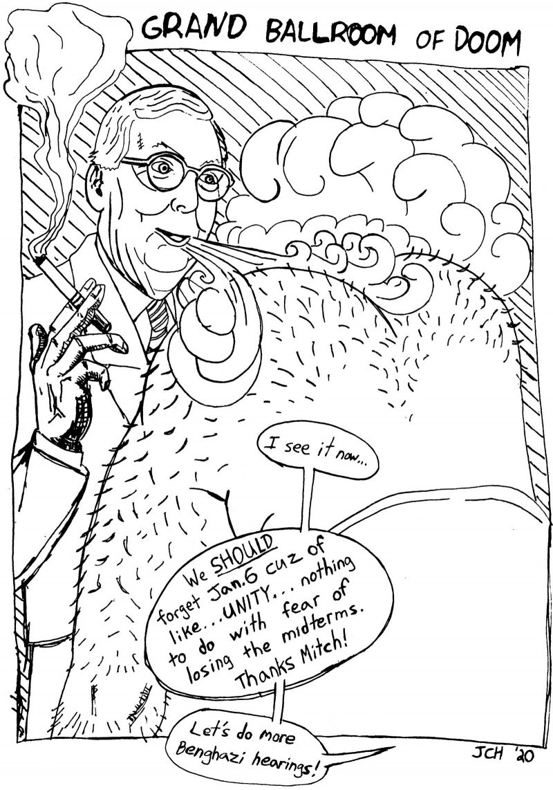 Artblog comic "Grand Ballroom of Doom" depicting politician Mitch McConnell smoking a cigar and blowing the smoke up another politician's (who is bent over in front of him) bare, hairy, butt