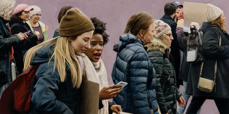Photorealistic painting of a crowd of people, most of which are women, talking, laughing, and walking together in winter clothes. The background is solid pink, so the location is obscured.