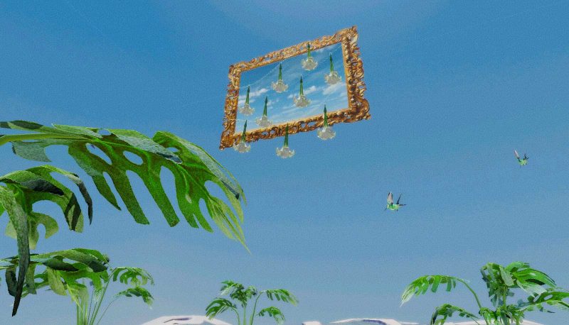 Clear blue sky with a floating golden frame with clouds inside of it; white flowers hanging upside down; large green plant leaves; and two woodpeckers flying in the center-right.