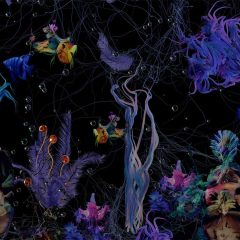 Dark black seascape with vibrant multi-colored fish, weeds, bubbles, and sea creatures floating around.
