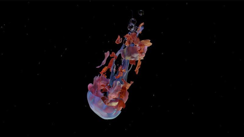 A hybrid jellyfish with human teeth floats in the middle of a dark body of water.
