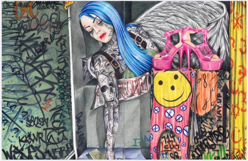 Painting of a thin, white, heavily tattooed woman with angel wings and blue dyed hair. She is sitting in a gray box surrounded by fabric and walls covered in graffiti and symbols.