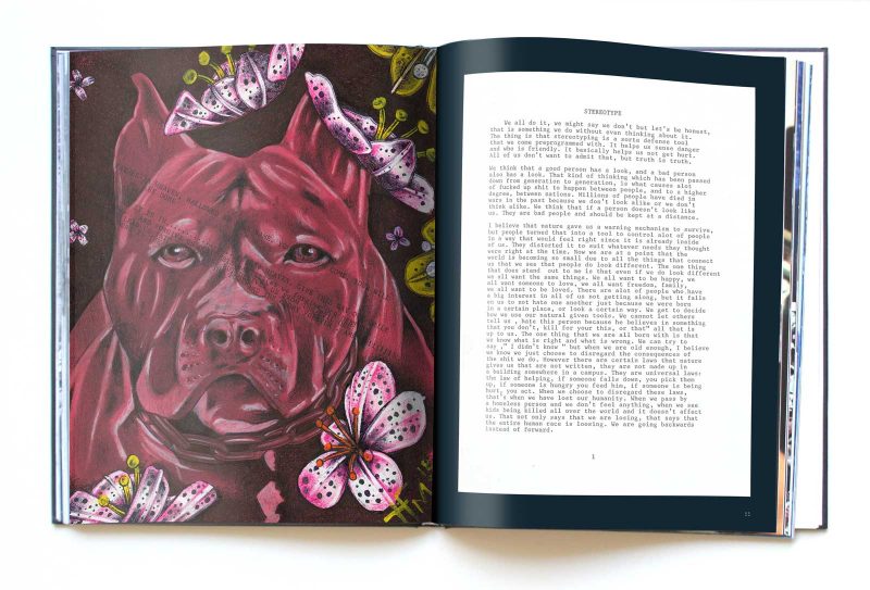 Two page spread from "128-G" featuring a painting of a red pitbull and pink flowers on the left page, and a page of text on the right page.
