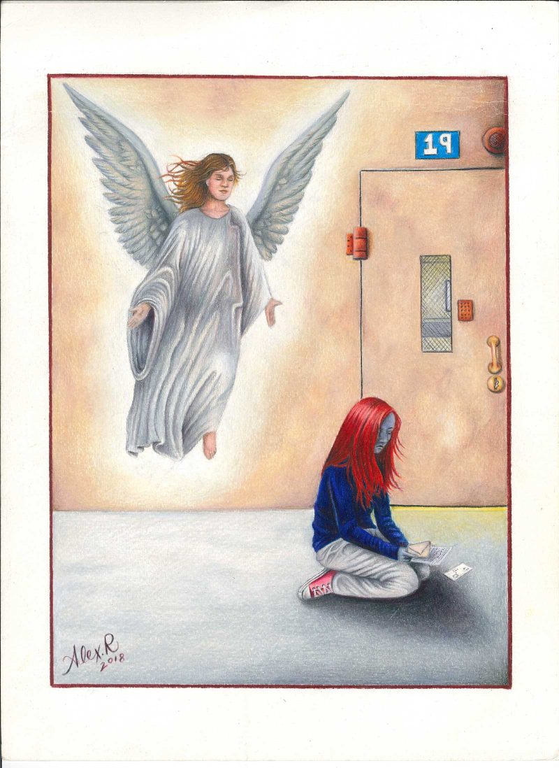 Artwork of an angel visiting a young woman with blue skin and red hair sitting in a prison cell, reading letters.