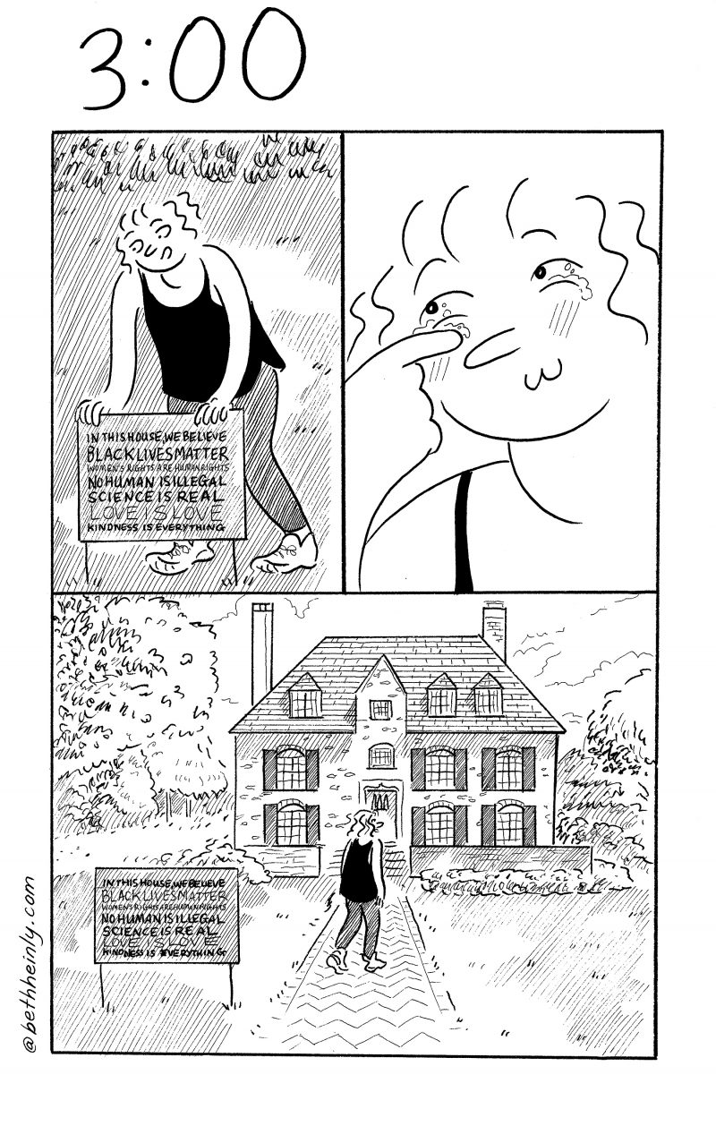 Three panel comic shows a woman putting a sign in her front yard, tearing up, and walking back into her big house.