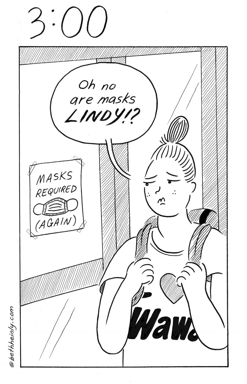 Single panel comic with woman looking said, standing in front of a store that posted “Masks Required (Again)” sign on their window.