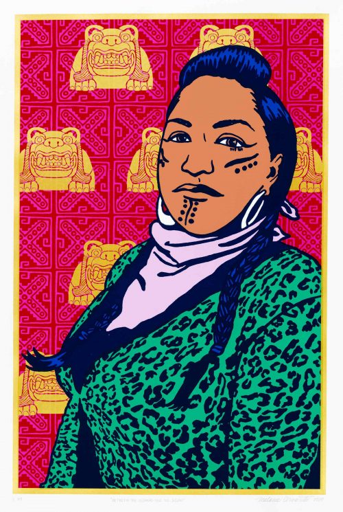 Abstract painting of an indigenous woman wearing face paint, in front of a hot pink background with aztec patterns and imagery