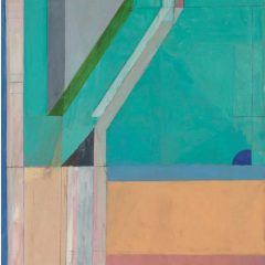 Abstract painting with teal in the top half, muted earth tones in the bottom half, divided up into blocks of color in geometric shapes.