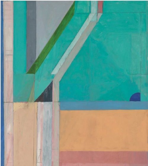 Abstract painting with teal in the top half, muted earth tones in the bottom half, divided up into blocks of color in geometric shapes.