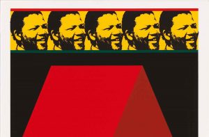 Poster-sized graphic artwork of 5 portraits of Nelson Mandela along the top, with a large folded red rectangle below it.