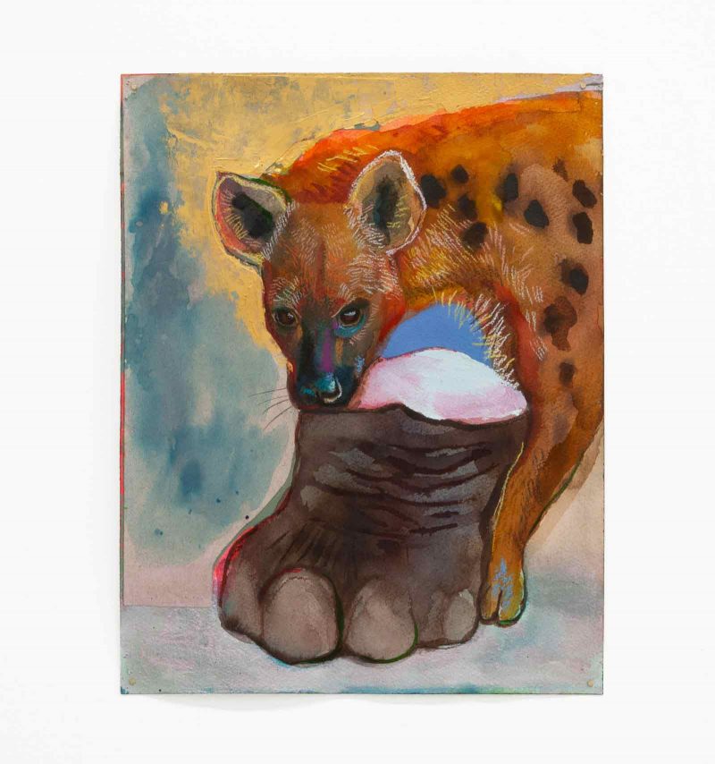 Painting of a hyena standing on a clipped elephant's foot against a swatch background.