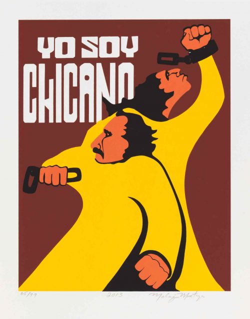 Graphic artwork of two men with brown skin and black hair, wearing yelllow jumpsuits, leaning on each other. Each of the men has broken chains around their wrists, and hold their hands in fists. In the top left corner, text reads: "YO SOY CHICANO"