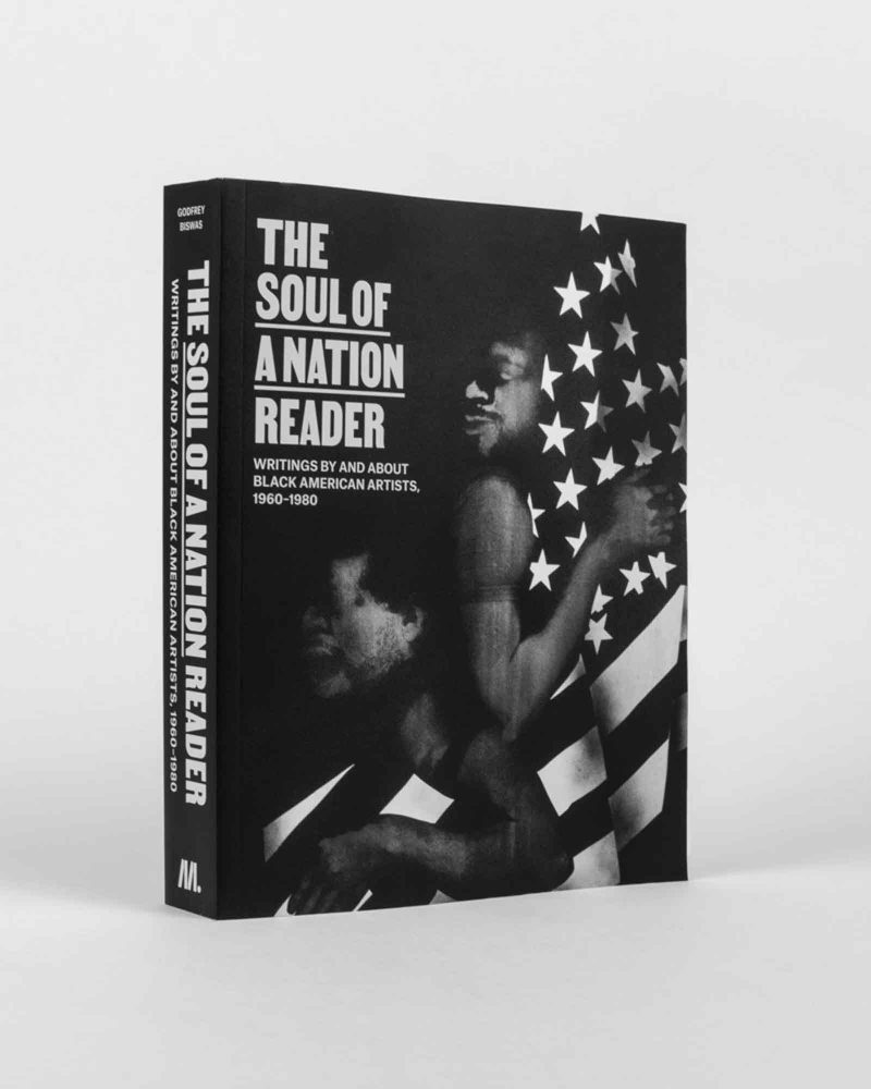 Book cover for "The Soul of a Nation Reader" with cover art featuring two Black men, one of which is hunched over and screaming, clutching the American flag