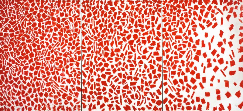 Abstract triptych painting of red marks on a white background, in which the red marks are smaller and closer together on the left, and bigger and farther apart on the right, with more white space.