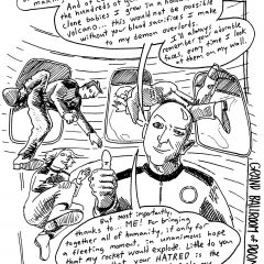 One panel comic from the Artblog series 'Grand Ballroom of Doom' satirizing satirizing Jeff Bezos's rocket trip into space. Jeff stands in the front, smiling and making a thumbs up. In a thank you speech, he thanks his exploited workers, the fictional clone babies that he sacrificed to demons, and most of all, the nation for their shared hatred of him, which fuels his crooked interests. Two men and a woman float in the spacecraft behind him.