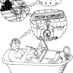 One panel comic from the satirical Artblog series 'Grand Ballroom of Doom' in which George Bush is taking a bath while painting a picture of a dog, while memories of his Presidency emerge in thought bubbles. The bubbles show him on a podium in front of a "MISSION ACCOMPLISHED" sign; wearing sunglasses, smoking a cigar, and throwing money into the air; and a landscape filled with hundreds of gravestones.