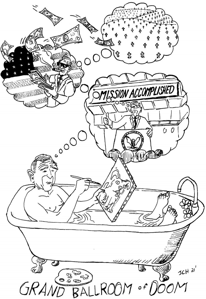 One panel comic from the satirical Artblog series 'Grand Ballroom of Doom' in which George Bush is taking a bath while painting a picture of a dog, while memories of his Presidency emerge in thought bubbles. The bubbles show him on a podium in front of a "MISSION ACCOMPLISHED" sign; wearing sunglasses, smoking a cigar, and throwing money into the air; and a landscape filled with hundreds of gravestones.