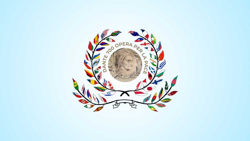 A wreath of laurel made out of different National flags surrounding a grayscale image of Dante Alighieri