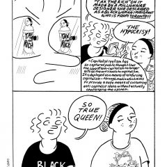 Black and white comic in 3 panels, with two women talking about AOC’s “Tax the Rich” dress and capitalism.