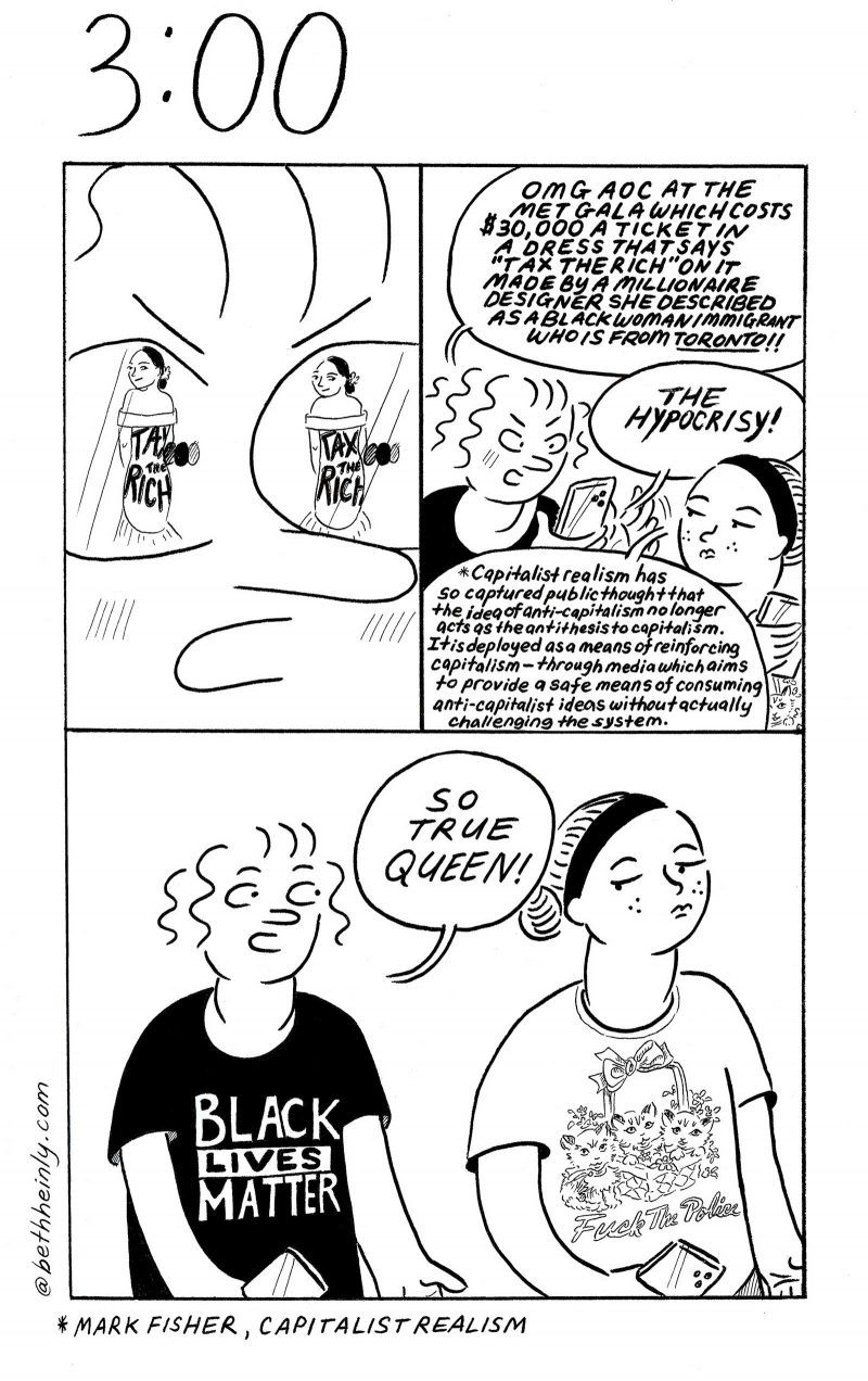 Black and white comic in 3 panels, with two women talking about AOC’s “Tax the Rich” dress and capitalism.