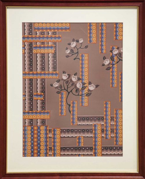 Framed handprinted design of flowers and rectangles filled with decorative circle patterns on a gray background.