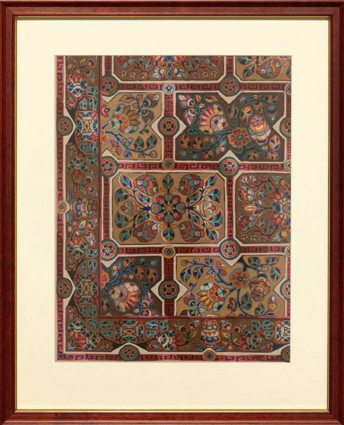 Framed hand painted ornate design with borders on the left and bottom sides, and rectangles filled with colorful floral designs with gemoetric shapes inside of the leaves.