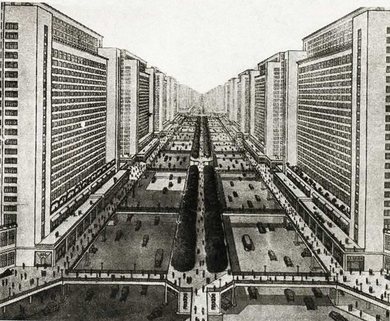 Black and white drawing of a city plan that features tall buildings with stores on the ground level, which bridge to a center strip of treelined sidewalk, under which there are streets with cars.