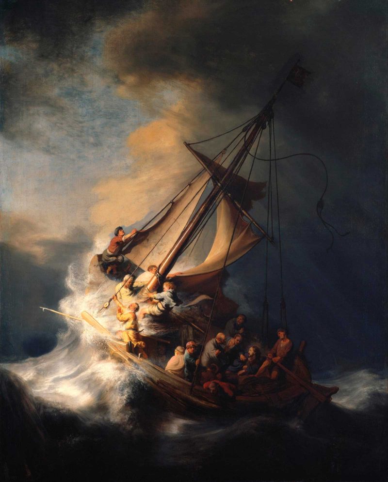 Oil painting of a sail boat tipping dramatically to the right as aggressive waves smash into it on a stormy night, and men hurriedly fasten sails or consult Christ (one of the passengers on the boat).