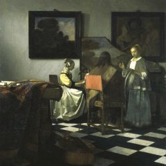 Oil painting of a woman playing piano, a man sitting in a wooden chair, and a woman singing from sheet music, in an interior space with art on the walls and black and white checkered tiles on the floor.