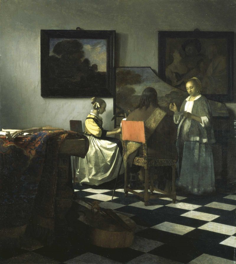 Oil painting of a woman playing piano, a man sitting in a wooden chair, and a woman singing from sheet music, in an interior space with art on the walls and black and white checkered tiles on the floor.