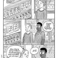 Black and white comic showing conversation between a worker and a shopper at a grocery store.