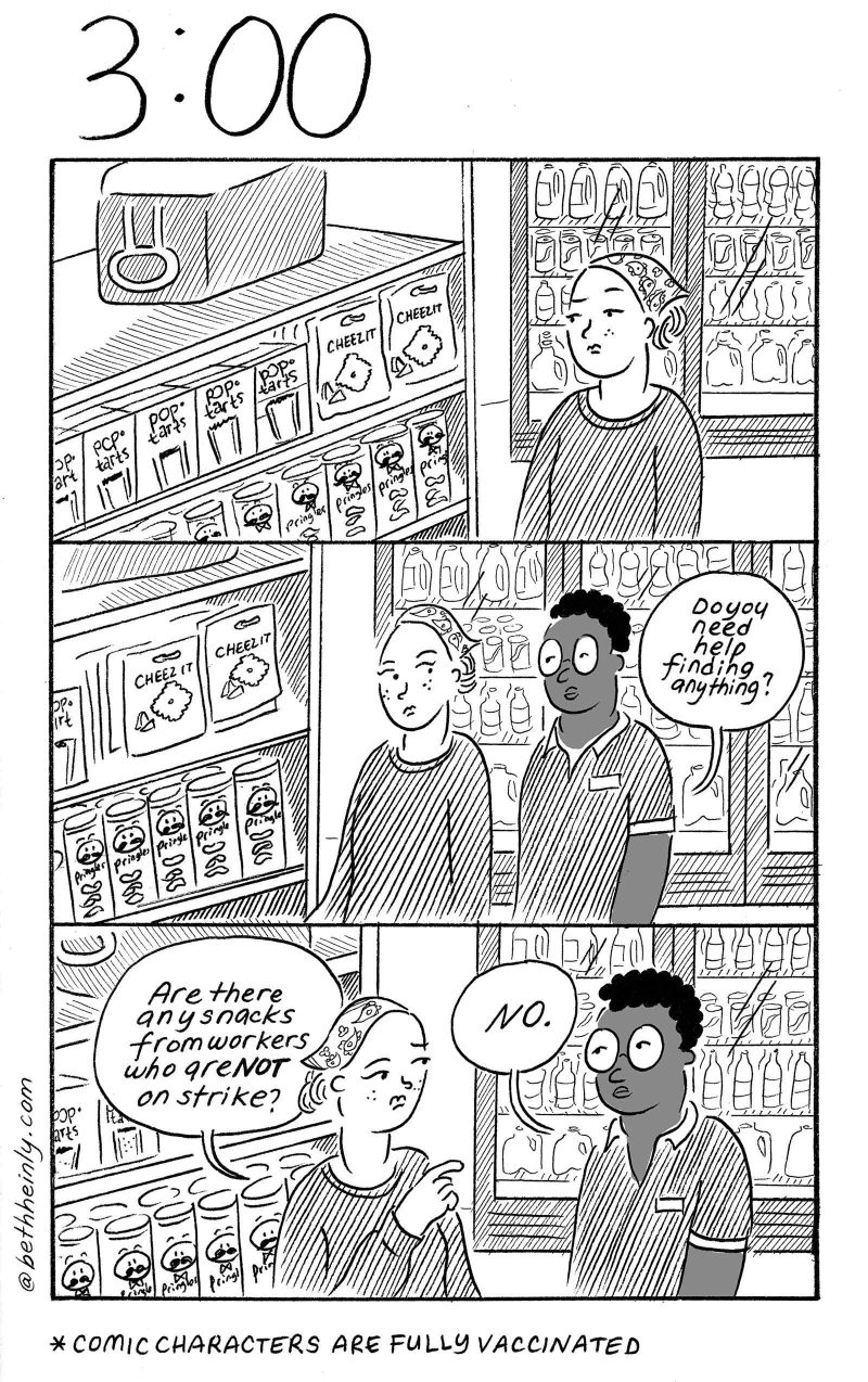 Black and white comic showing conversation between a worker and a shopper at a grocery store.