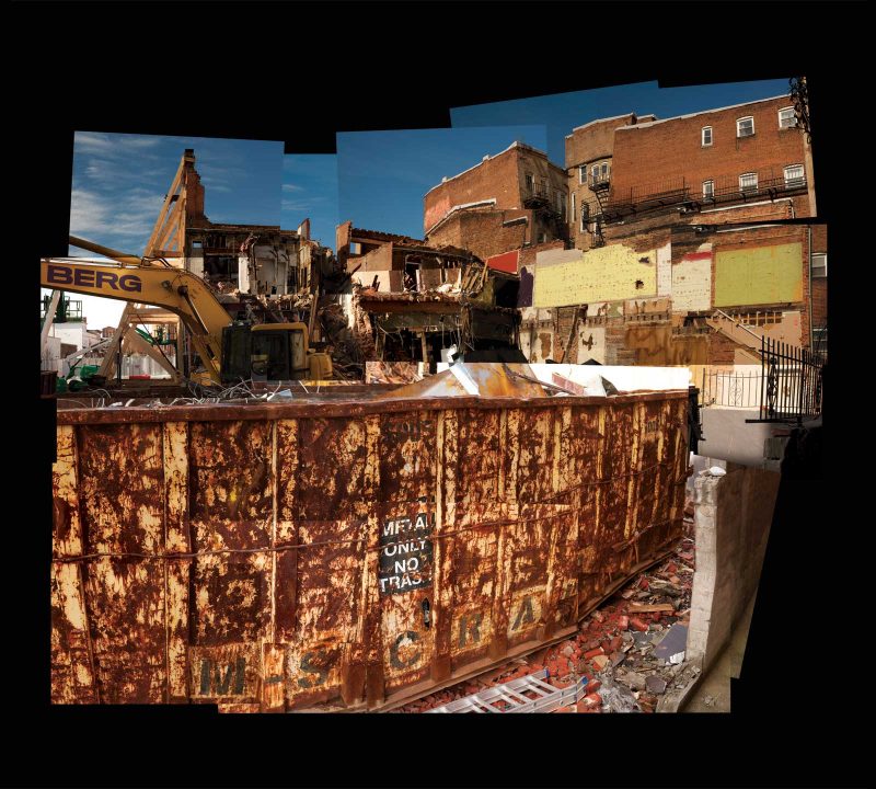 A collage of photographs shows a construction site and in the foreground a large dumpster.