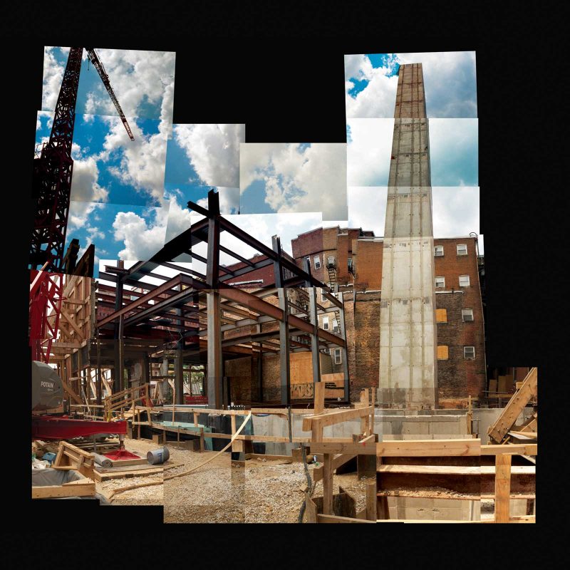 A building construction site shows work in progress in collage of photographs.