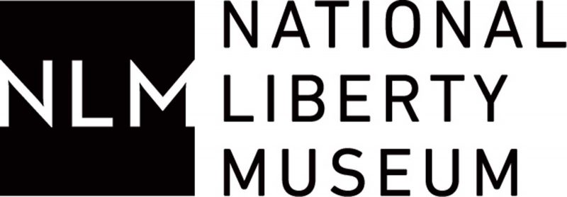 Black and white logo for the National Liberty Museum; a black square with "NLM" in white (left); a white rectangle with "National Libtery Museum" in black (right).