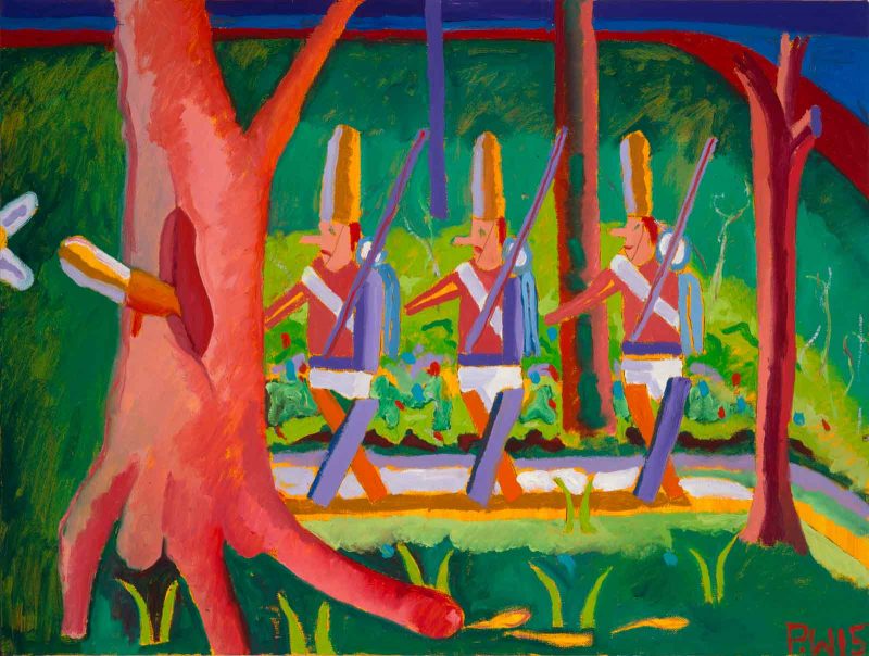 Abstract figure painting of three white guards with large thin hats, holding rifles and walking in sync down a treelined path.