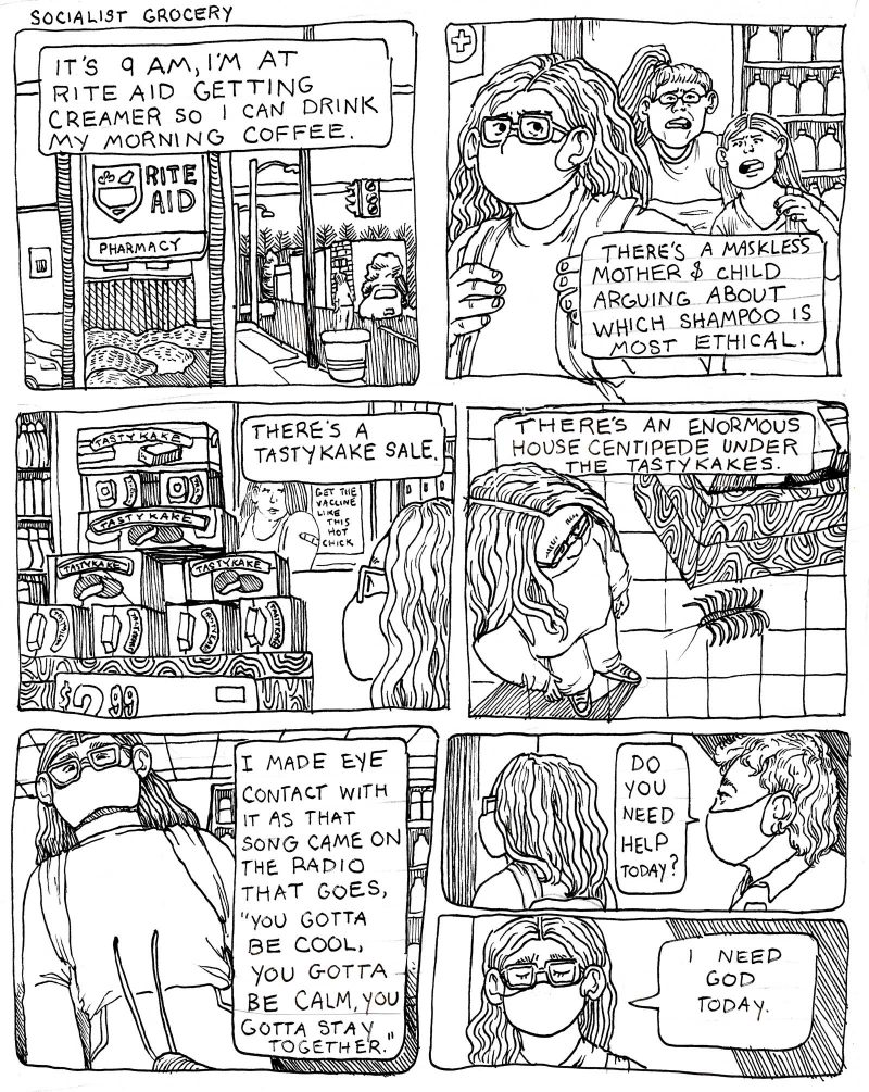 7 panel black and white comic from the Artblog series "Socialist Grocery," in which Sebastian visits the local Rite Aid before having coffee, and finds himself in multiple annoying situations.