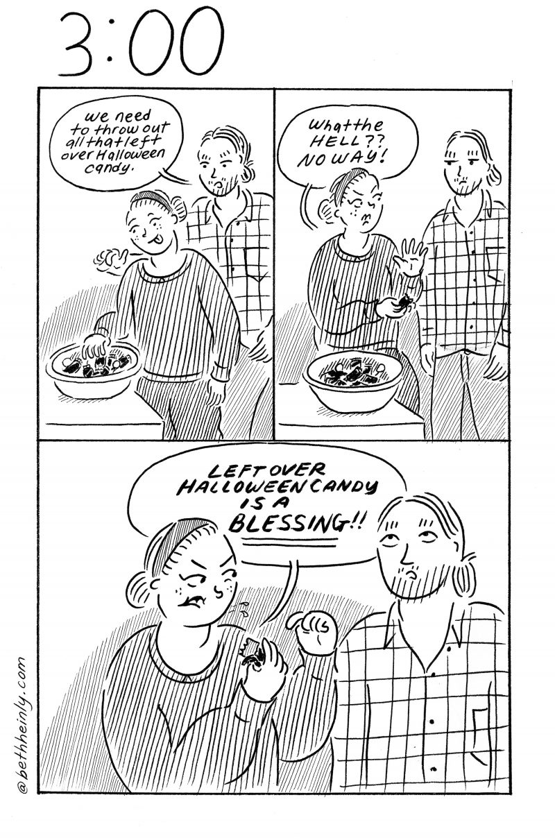 Three-panel comic showing a woman and man talking about candy.