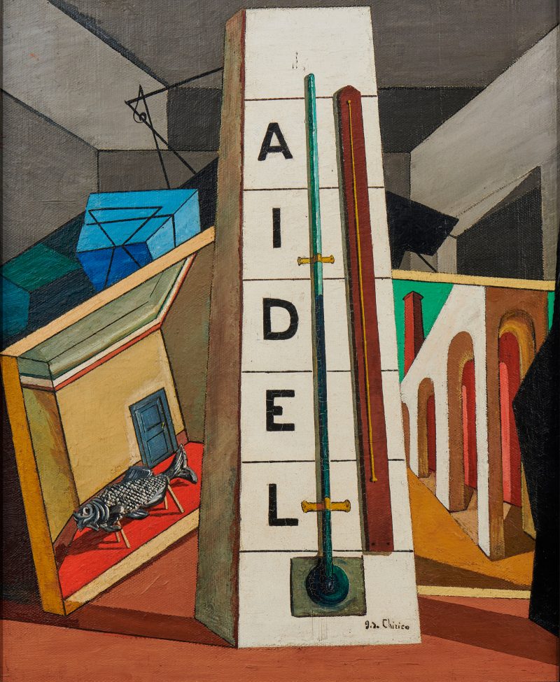 Surrealist painting of an old fashioned thermometor, with the letters "A, I, D, E, L" spelled downwards instead of temperatures, in front of a background of tilted paintings in a gray room.