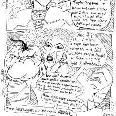 Two panel comic titled Grand Ballroom of Doom with a rock musician with a lot of hair talking about mistaken identities, with their words descending into a rant.